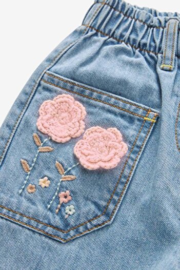 Magu Girl's Cotton Blue Floral Embroidered Elastic Waist Jeans