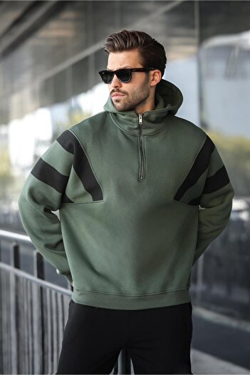 Madmext Khaki Zippered Collar Hooded Men's Sweatshirt E7161