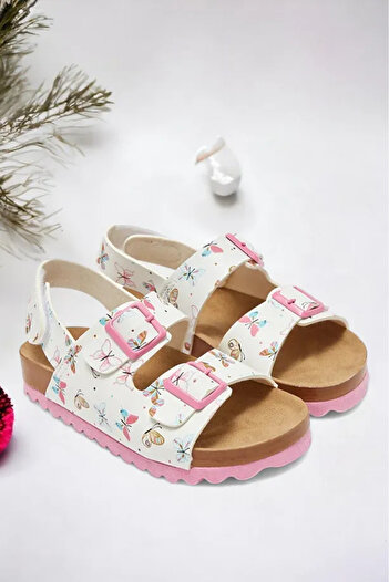 Ponchiq Ecru Printed Girl's Sandals