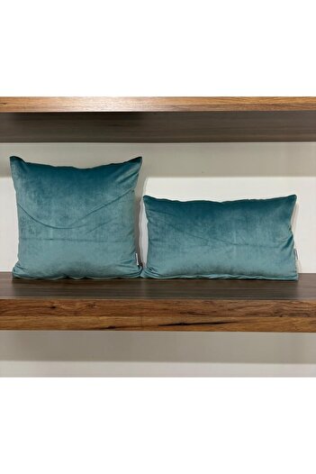 KIRLENTİM 2-Piece Plain Turquoise Velvet Filled Throw Pillow