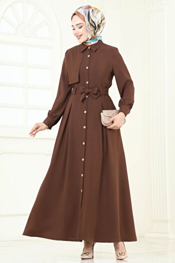 ModaMerve Front Button Dress Ferace 283Asn888-Ms Brown