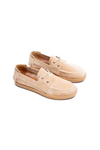 by selvi Lukka Shoes Men's Genuine Leather Beige Lace-Up Tassel Detailed Rubber Sole Casual Shoes