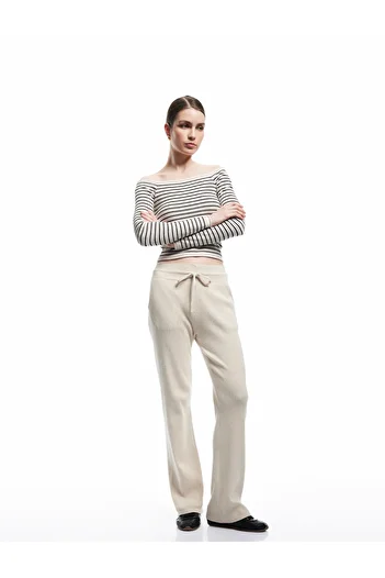 Koton High Waist Straight Wide Leg Knitwear Trousers with Lace-Up Pockets at the Waist