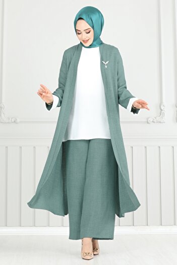 ModaMerve Side Slit Triple Suit 1774Lvn1041-Ms Mint