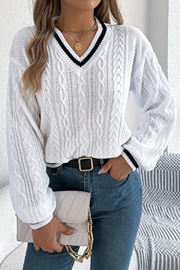 citystyle Pulover de damă cu dungi cu decolteu în V din tricot cu modele alb
