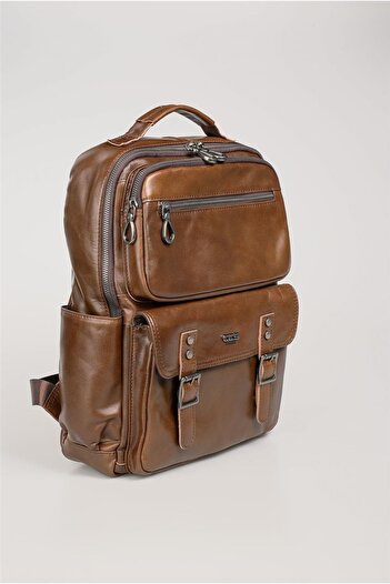 ÇÇS Unisex Khaki Leather Backpack 2531624