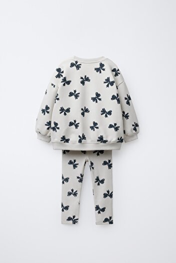 Magu Girls' Cotton Cream Bow Patterned Sweatshirt and Leggings Set