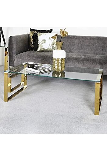 Vanity Living Coffee Table for Living Room, Modern Tempered Glass Tabletop with Verona Gold Sturdy S