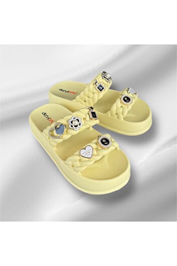 AkınalBella Women's Soft Yellow Stone Double Band Soft Soft Sole Slippers