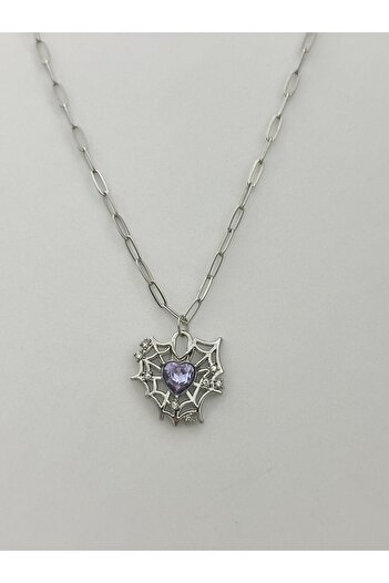 sleyshop Kalın Zincirli Mor Gotik Kalp Örümcek Ağ Kolye