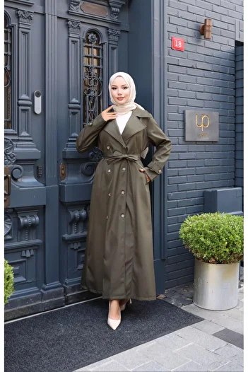 Hb Harma Time Butik Women's Belted Double Button Lined Bondit Khaki Trench Coat