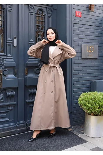 Hb Harma Time Butik Women's Belted Double Button Lined Bondit Beige Trench Coat