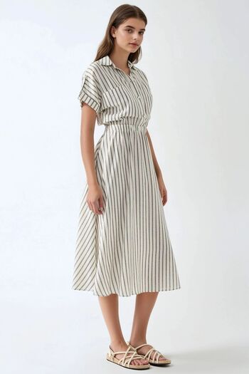 Hiccup Shirt Collar Striped Midi Dress