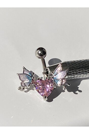 kurukafagift Göbek Çelik Piercing Yarasa Figürlü Kelebekli Pembe Zirkon Taşlı Kalpli Model