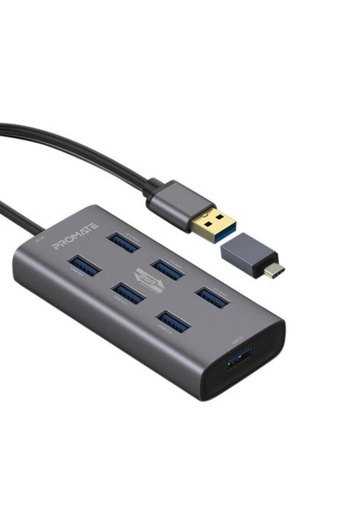 Promate Aluminium Alloy Powered USB Hub • 7 USB 3.0 Ports • USB-C Adaptor • 5Gbps Transfer Rate •