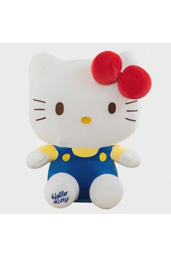 OEM Hello Kitty Plush Toy, Large, White with Red Ribbon and Blue Overalls, 40x35x20cm