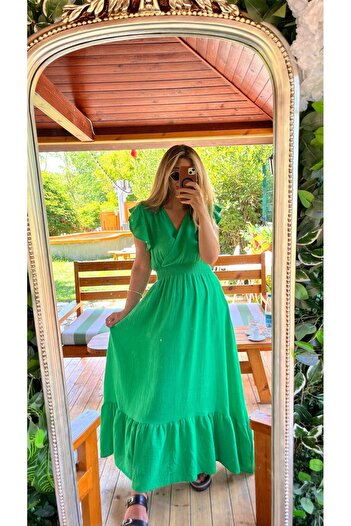 buğrahayalin Women's Short Sleeve Double Breasted Collar Elastic Waist Muslim Dress