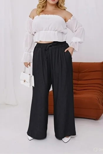 FOR ESRA BIG TREND Women's Plus Size Wide Leg Aerobin Trousers with Elastic Waist and Pockets