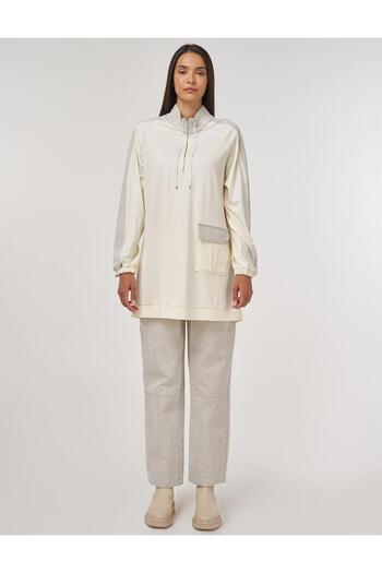 Kayra Fabric Garnished Stand Collar Sweatshirt Ecru