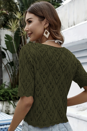 TRQOM Women's Openwork Short Sleeve Button Knitted V Neck Casual Khaki Tirko Cardigan