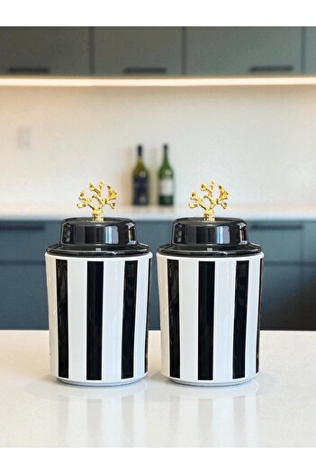 ferayhome Kitchen Accessory Spice Rack Set of 2 with Ceramic Lid Black Vertical Line Coral Gold