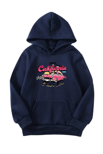 Sweetline Unisex Oversize Hooded Winter California Classic Car Printed Hooded Sweatshirt - Navy Blue