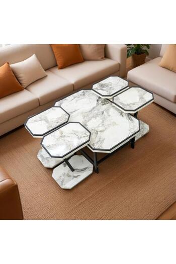 BAYTI Turkish Wooden Service Table Set 5 Pieces - Marble Color