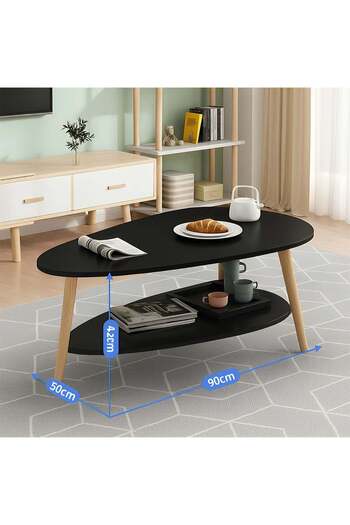 Taimi Oval Wooden Table, Home Table with 2 Storage Layers for Living Room Coffee Table 90x50x42cm -Black