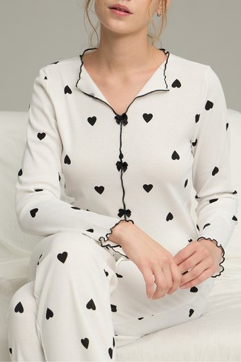 Siyah İnci White Heart Pattern Cotton Bow Tie Ribbed Knitted Pajamas Suit25226004-5