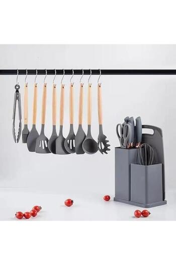Tradeo 19pcs Grey silicone spatula set with holder—heat-resistant, BPA-free, safe for nonstick cookware.