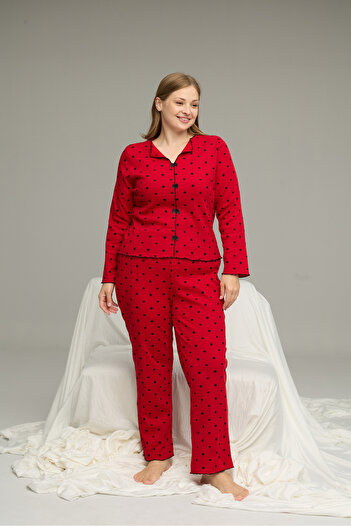 Siyah İnci Red Patterned Large Size Battal Cotton Bow Tie Ribbed Knitted Pajamas Suit25228001-6