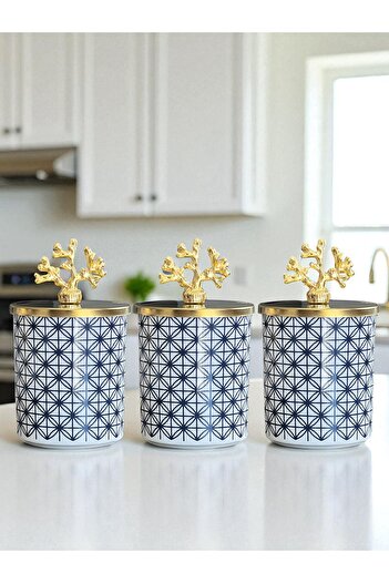 ferayhome Spice Rack 3-Piece Kitchen Accessory Coffee Corner Set Cylinder Lonca Dark Blue 750 ml Volume Gold