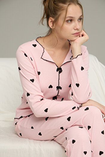 Siyah İnci pembe kalp desenli Pamuklu Fiyonklu Fitilli Örme Pijama Takım25226004-6