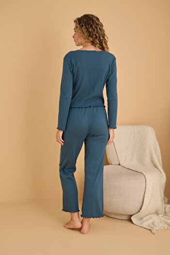 Siyah İnci petrol Pamuklu Dantelli Fitilli Örme Pijama Takım25226005