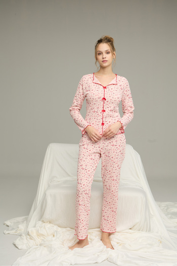 Siyah İnci pembe çiçek desenli Pamuklu Fiyonklu Fitilli Örme Pijama Takım25226004-8