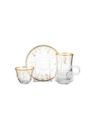 Dania Clear glass tea cup set with beautiful gold decor, consisting of 6 cups + 6 saucers