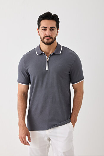 Yardalı Short Sleeve Men's T-Shirt - Polo Neck, Zippered, Dot Pattern, Stretching, Non-Pilling Fabric Alba
