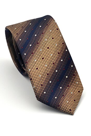Gaffy Brown Lop Patterned Beige Woven Fabric Handkerchief Slim Fit Tie // Sdk-2505-5