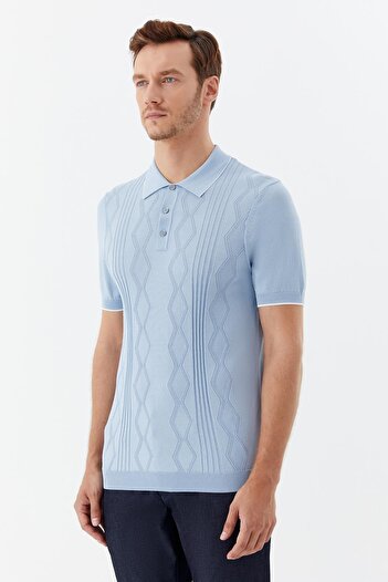 Sabri Özel Buttoned Polo Neck Jacquard Patterned Knitwear Men's T-Shirt Blue