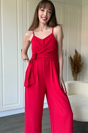 Dilay Gökoğlu Butik Red Jumpsuit with Strap Viscose Tie