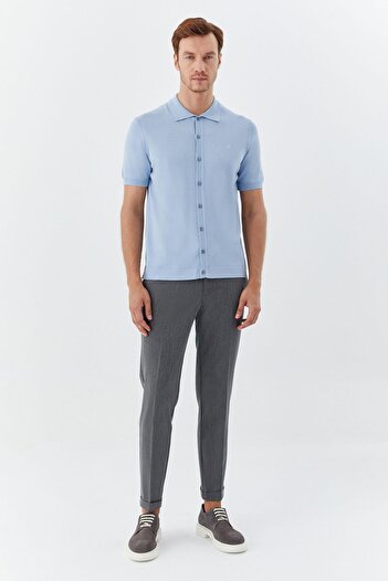 Sabri Özel Polo Neck Short Sleeve Knitwear Men's Shirt Light Blue