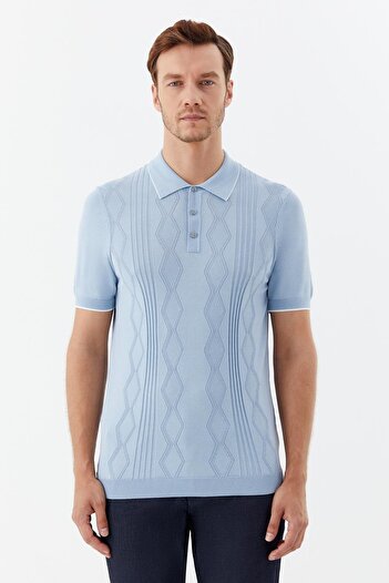 Sabri Özel Buttoned Polo Neck Jacquard Patterned Knitwear Men's T-Shirt Blue