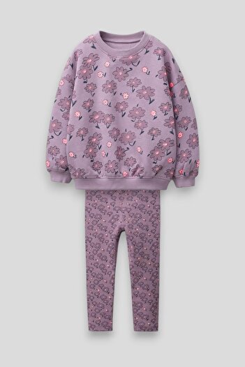 Magu Girls Cotton Purple Floral Print Sweatshirt and Leggings Set - Comfortable and Stylish Casual Combination