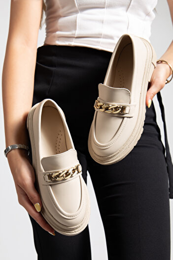 DİORİN Women's Loafer Moccasin Thin Buckle Beige Skin Casual Shoes
