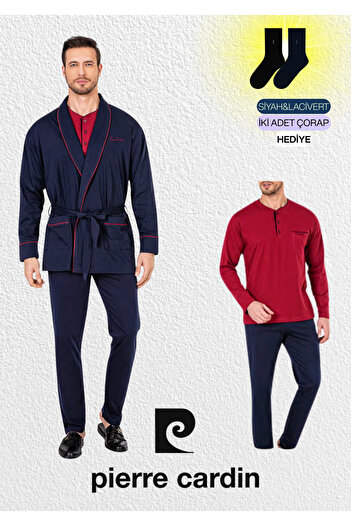 Pierre Cardin Men's Navy Blue Combed Cotton 3-Piece Robdöşambır & Long Sleeve Pajama Set (2 Socks Gift)