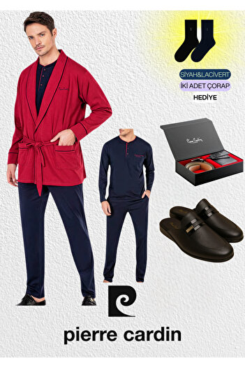 Pierre Cardin Burgundy Combed Cotton 3-Piece Robdöşambir - Long Sleeve Pajama Set & Leather Slippers & Genuine Leather Belt Wallet Set