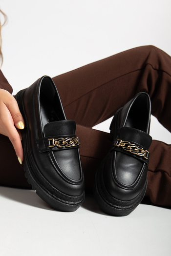DİORİN Women's Loafer Moccasin Thin Buckle Black Skin Casual Shoes