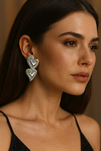 BESMYAR JEWELS Silver Color Double Heart Design Earrings- Elegant Modern Jewelry Model