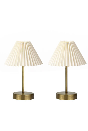 burenze Modern Tasarım Umbrella Abajur 2’li Set Eskitme Gold Masa Lambası Krem Kumaş Pileli Abajur
