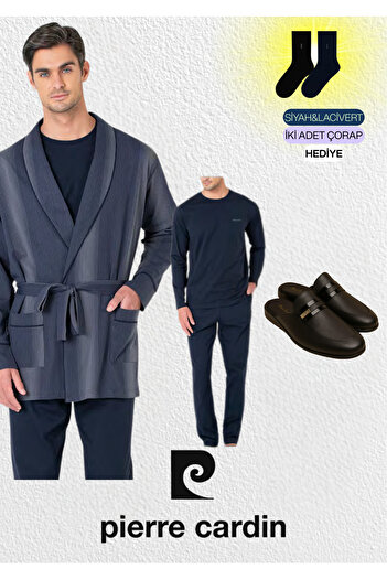 Pierre Cardin Men's 3-Piece Combed Cotton Robdoshambir - Long Sleeve Pajama Set & Leather Slippers (2 Socks Gift)